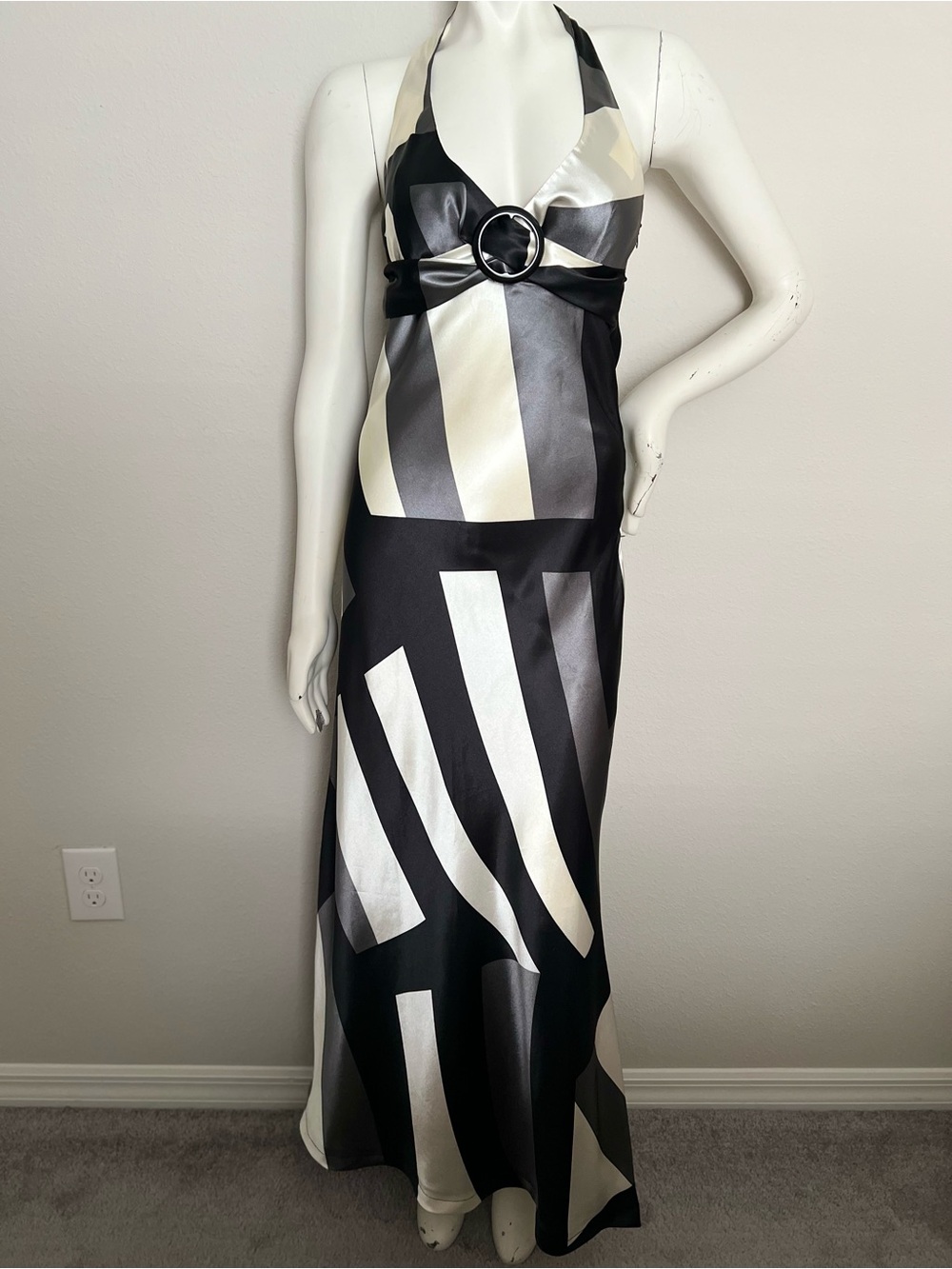 Silky Satin Black&White Halter Maxi Dress Size Small